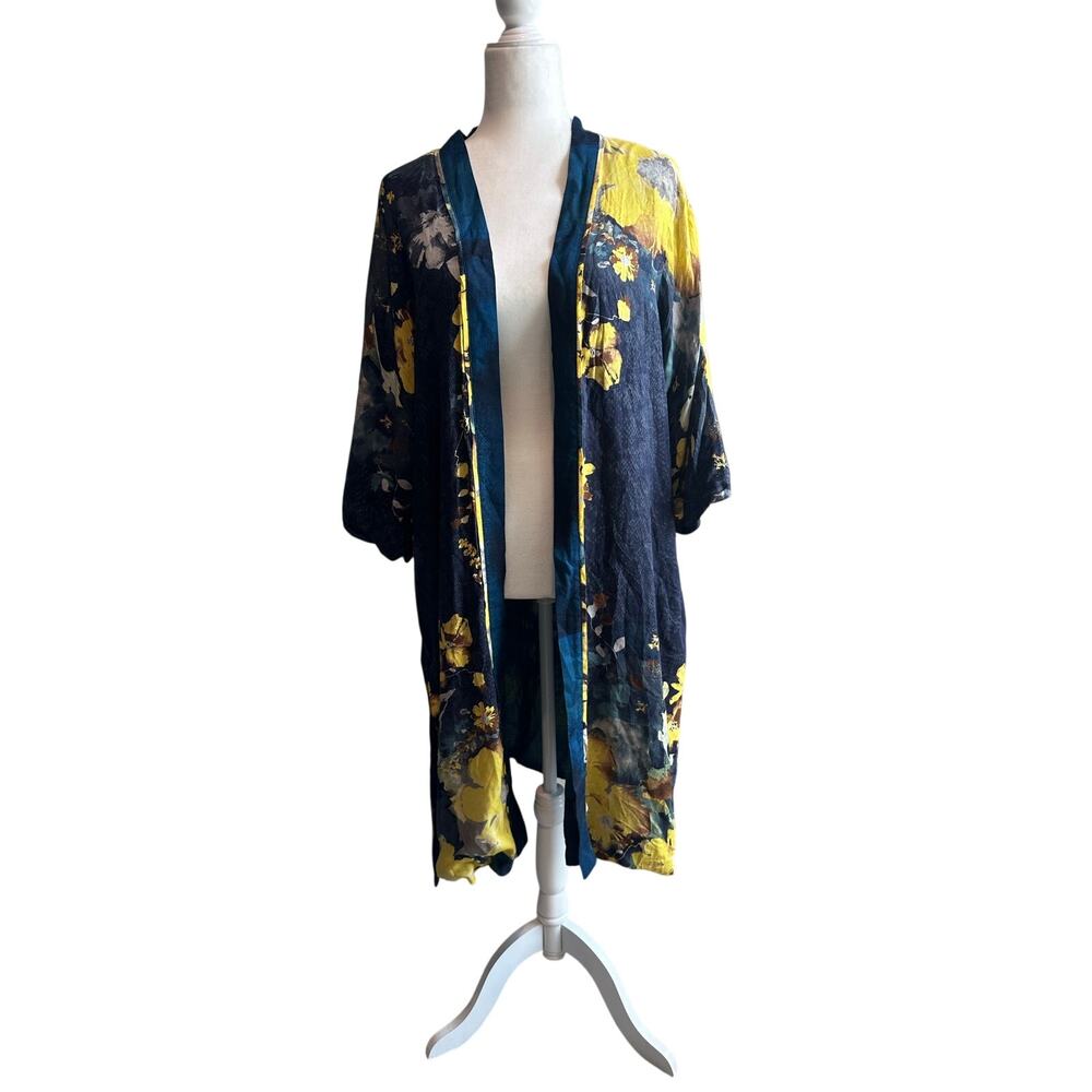 Chico's Desert Garden Kimono Duster Teal Yellow L/XL